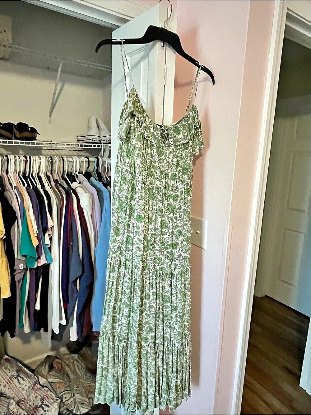 Floral Midi Dress in Green & White Like New
